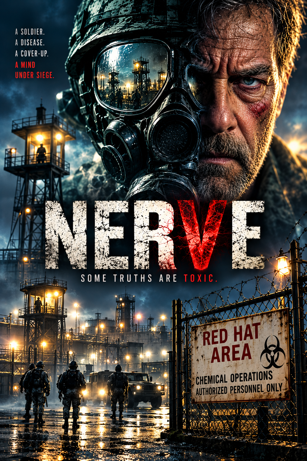NERVE original feature film poster featuring a chemical-operations soldier and RED HAT AREA
